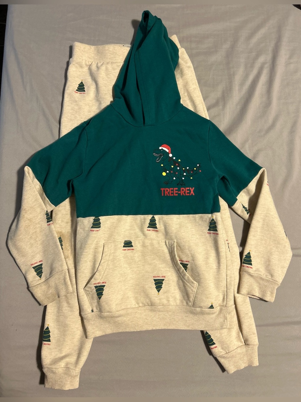 Tree-Rex Holiday Hoodie & Jogger Set - Teal & Cream-size 6/7